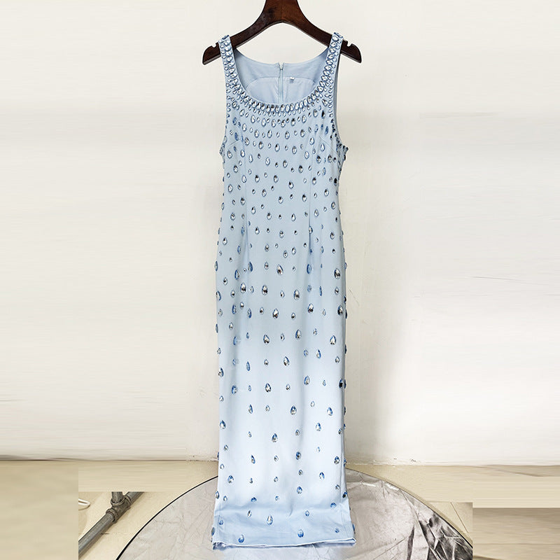 Elegant Women Light Blue U Neck Maxi Long Dress Luxury Sleeveless Water Drop Rhinestone Formal Evening Dresses Party Gown