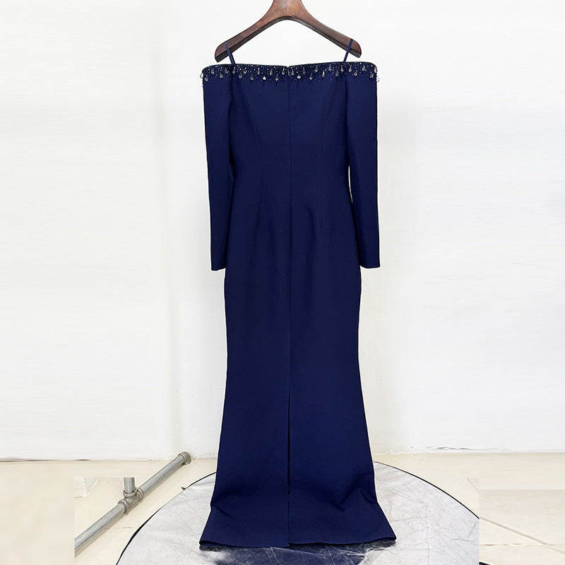 Luxury Womens Clothing Factory Trendy Dark Blue Off Shoulder Evening Dresses Long Sleeve Deep V Neck Rhinestone Maxi Party Gown