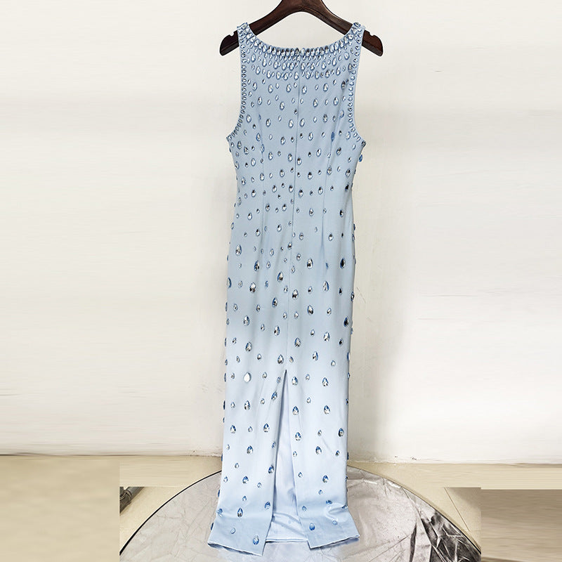 Elegant Women Light Blue U Neck Maxi Long Dress Luxury Sleeveless Water Drop Rhinestone Formal Evening Dresses Party Gown