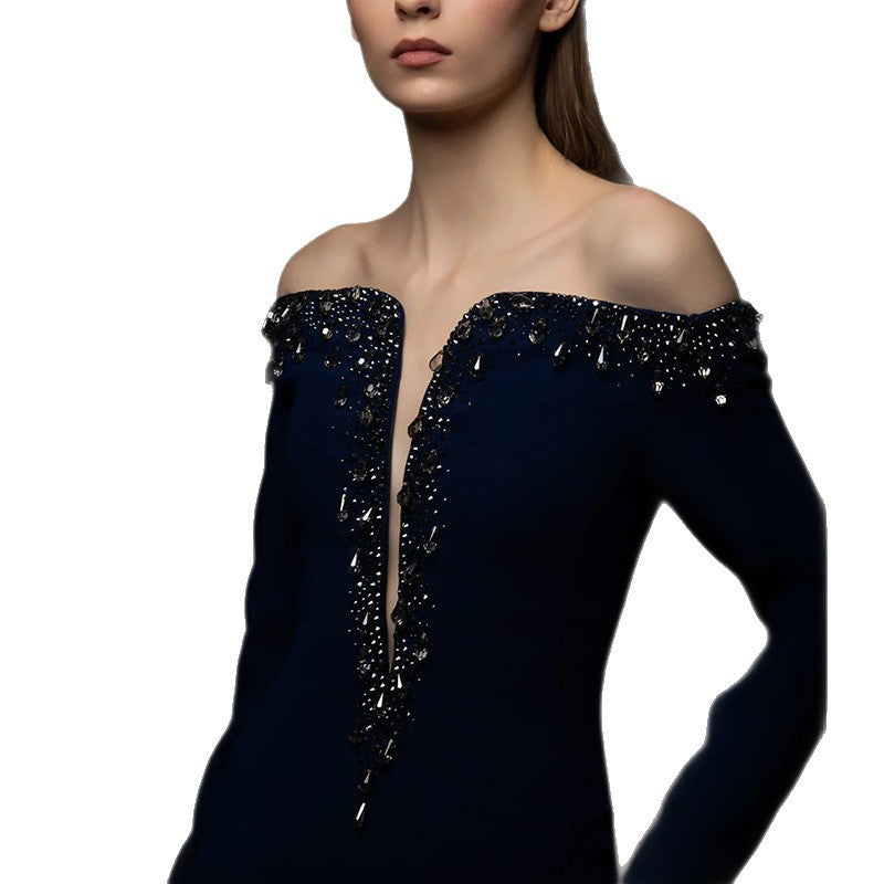 Luxury Womens Clothing Factory Trendy Dark Blue Off Shoulder Evening Dresses Long Sleeve Deep V Neck Rhinestone Maxi Party Gown