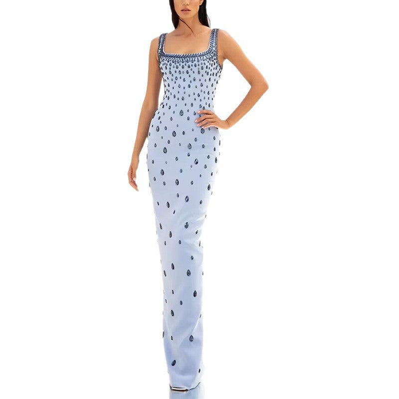 Elegant Women Light Blue U Neck Maxi Long Dress Luxury Sleeveless Water Drop Rhinestone Formal Evening Dresses Party Gown