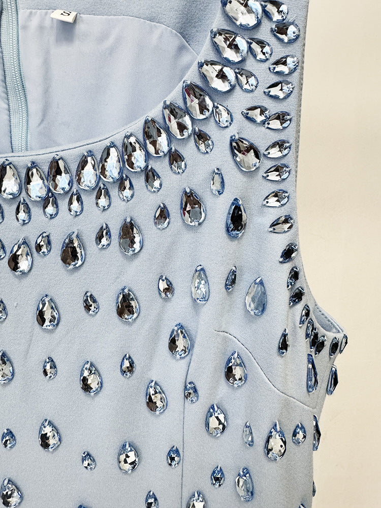 Elegant Women Light Blue U Neck Maxi Long Dress Luxury Sleeveless Water Drop Rhinestone Formal Evening Dresses Party Gown