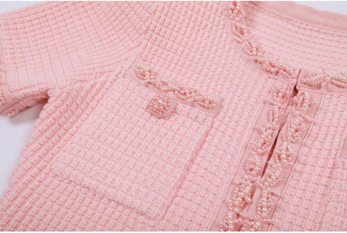 Knitted Beaded Tweed Mini Dress With Pearl
