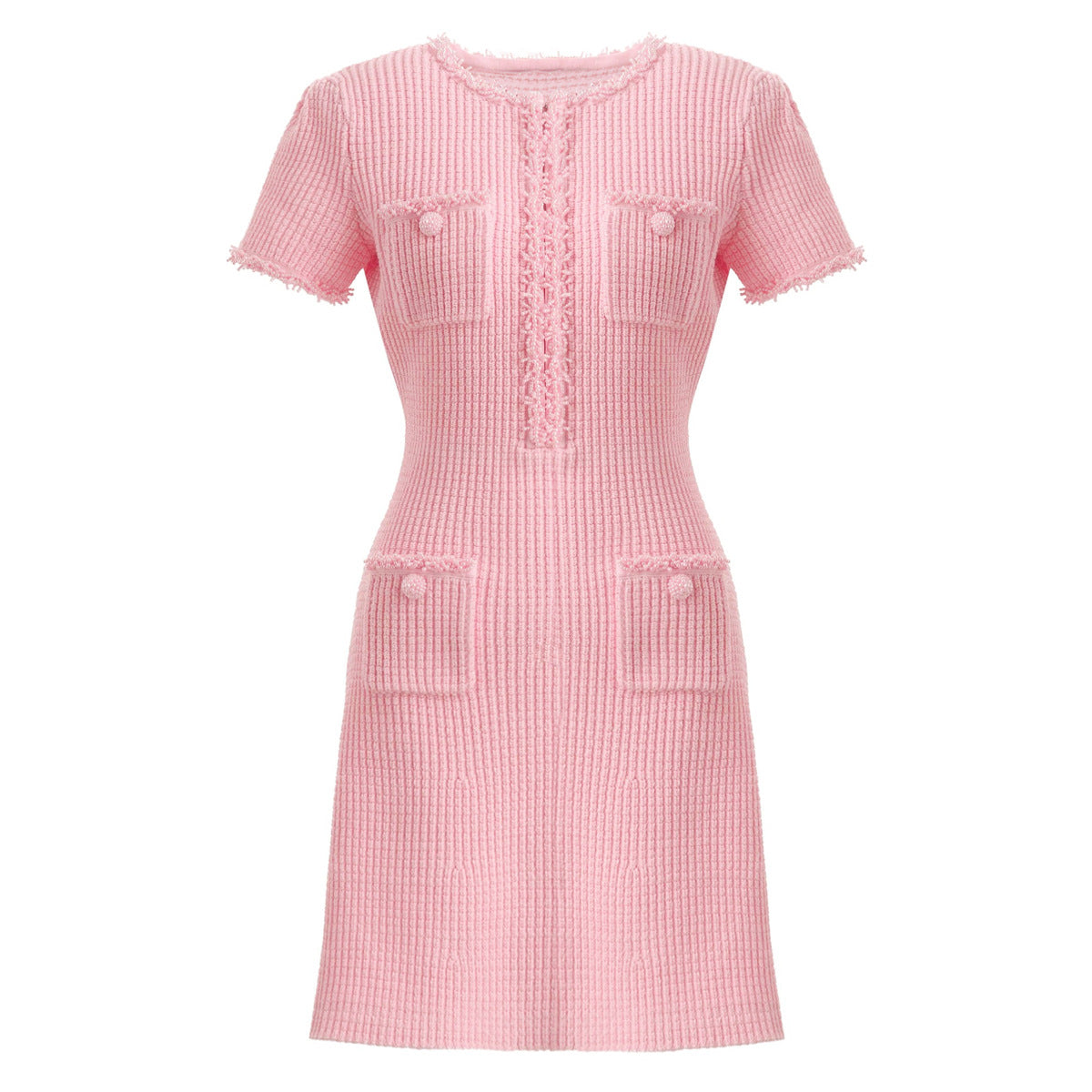 Knitted Beaded Tweed Mini Dress With Pearl