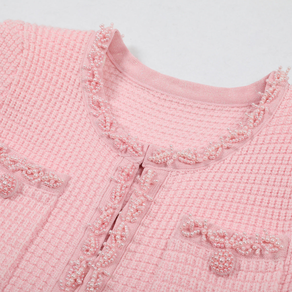 Knitted Beaded Tweed Mini Dress With Pearl