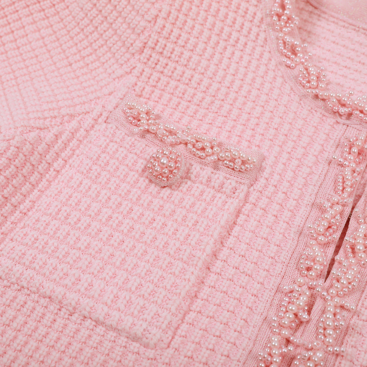 Knitted Beaded Tweed Mini Dress With Pearl