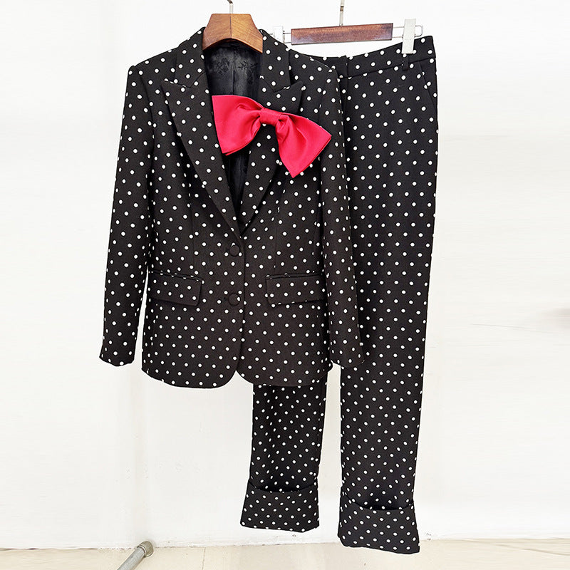 Custom Black White Polka Dot Suit Set Red Bow Blazer and Cuffed Pants Formal Party Office Wear Outfit Suits for Women