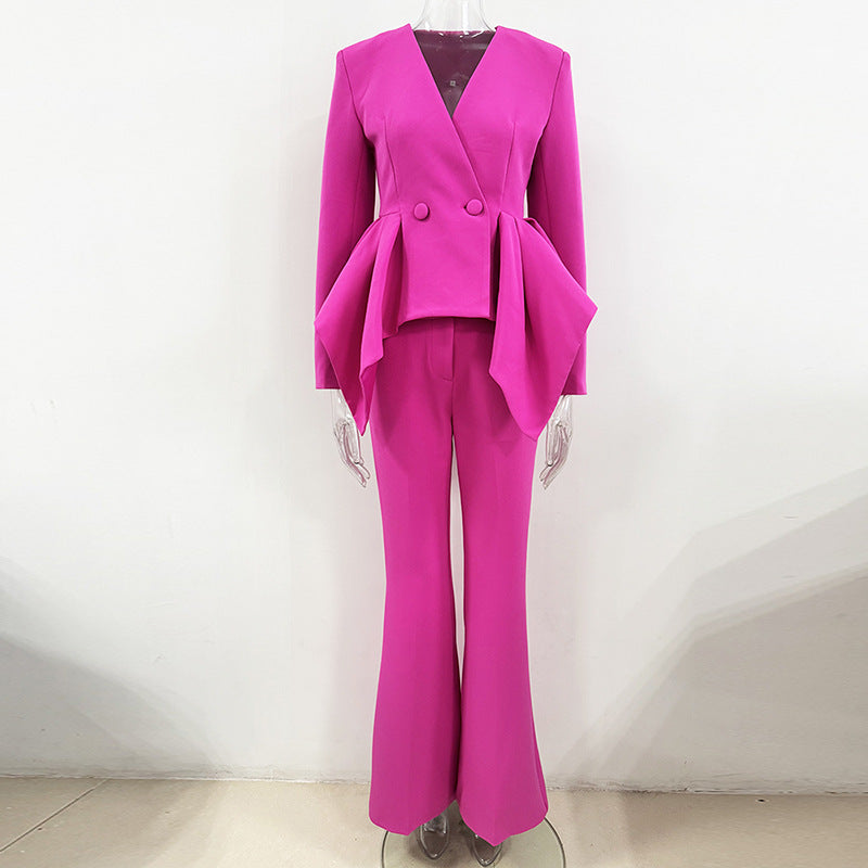 Elegant Fuchsia Women Formal Set Double Breasted Ruffle Blazer Wide Leg Pants Two Piece Blazer Suit for Evening Parties