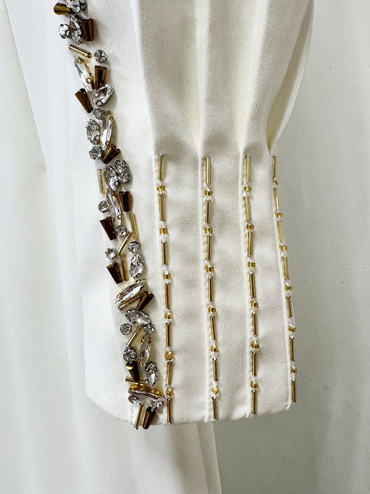 White Evening Gown With Beaded Rhinestone Capelet