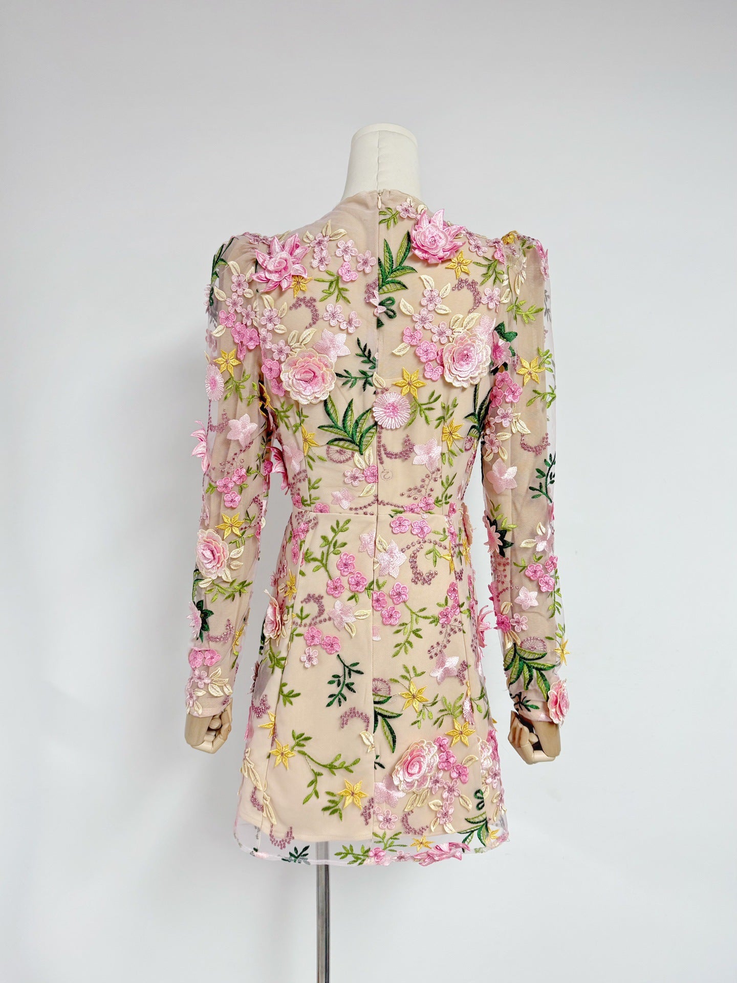 Long-sleeved Mesh Embroidered 3D Flower Dress