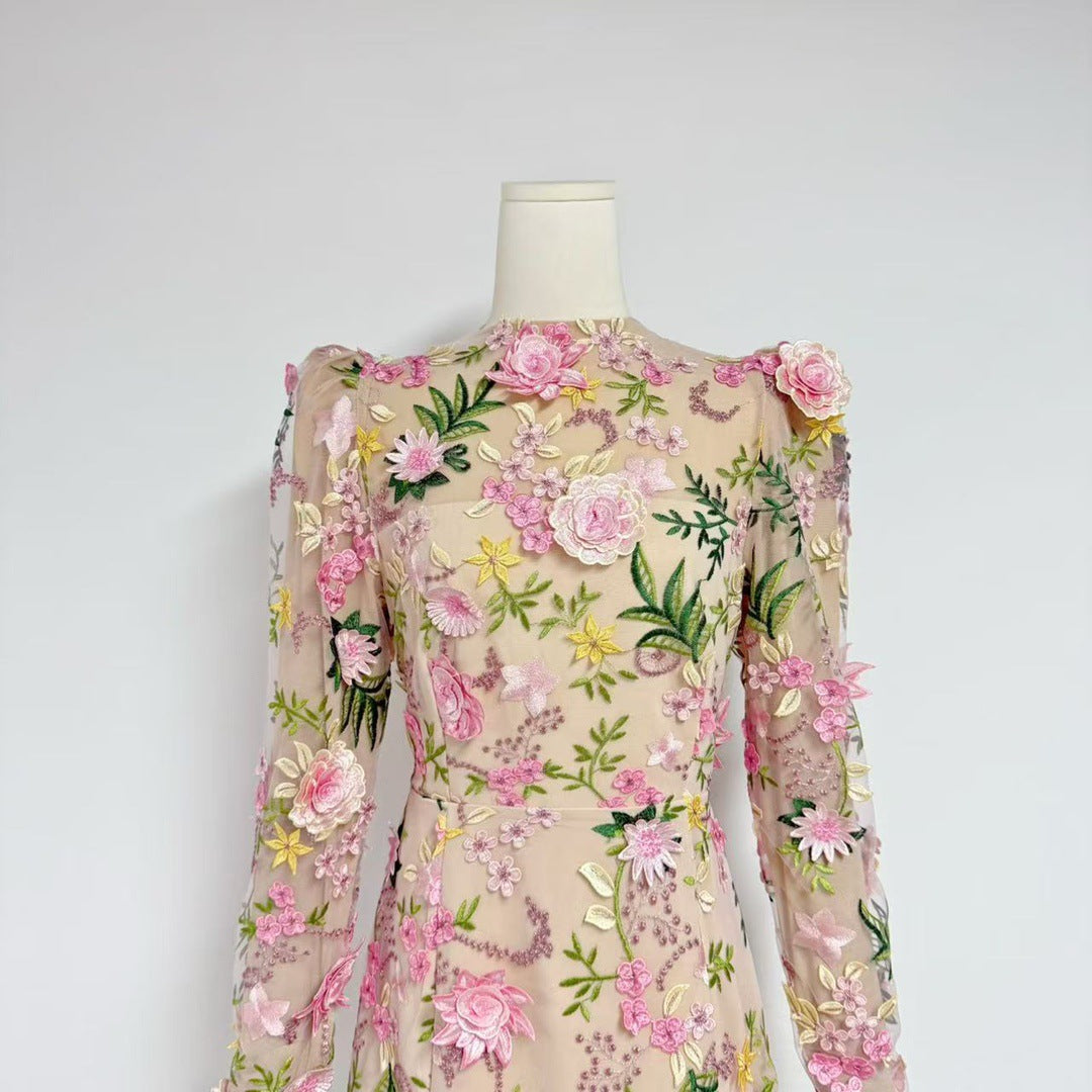 Long-sleeved Mesh Embroidered 3D Flower Dress