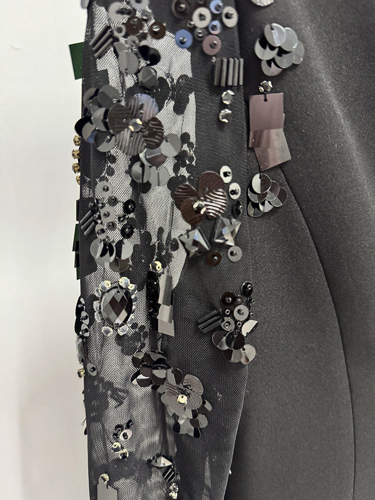 Beige Sequin Mesh Long Sleeve Mermaid Maxi Evening Dresses