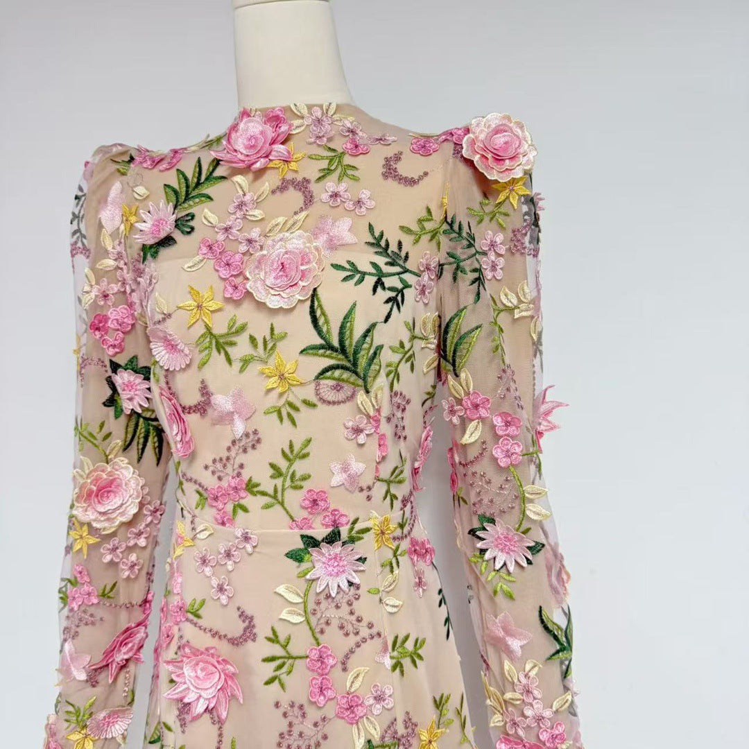 Long-sleeved Mesh Embroidered 3D Flower Dress