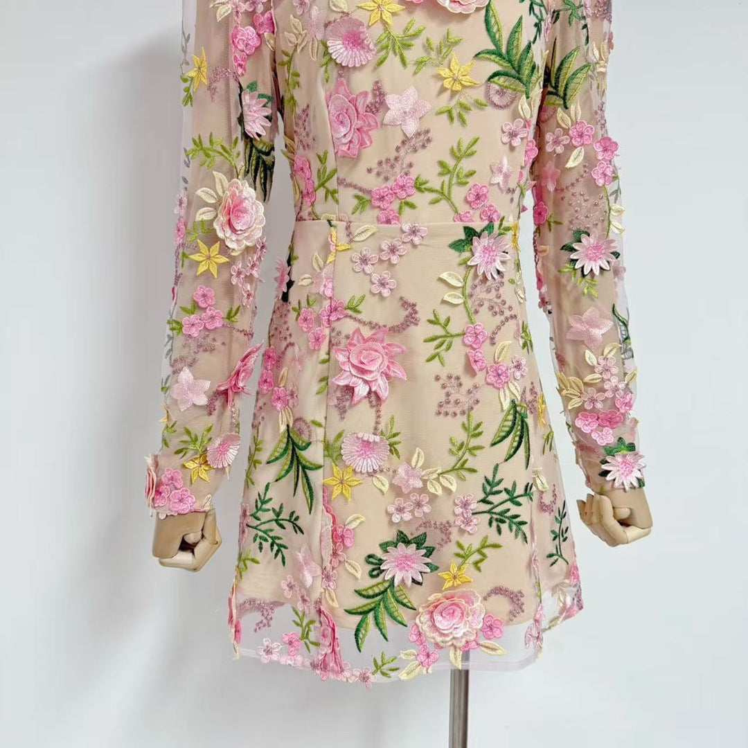 Long-sleeved Mesh Embroidered 3D Flower Dress