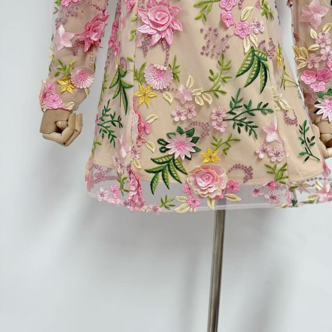 Long-sleeved Mesh Embroidered 3D Flower Dress