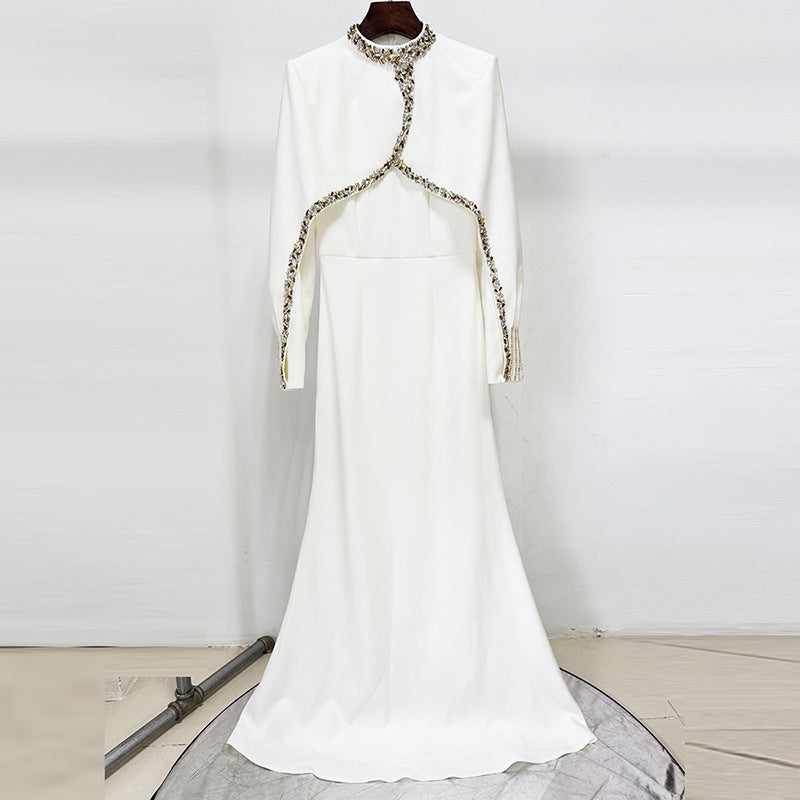 White Evening Gown With Beaded Rhinestone Capelet