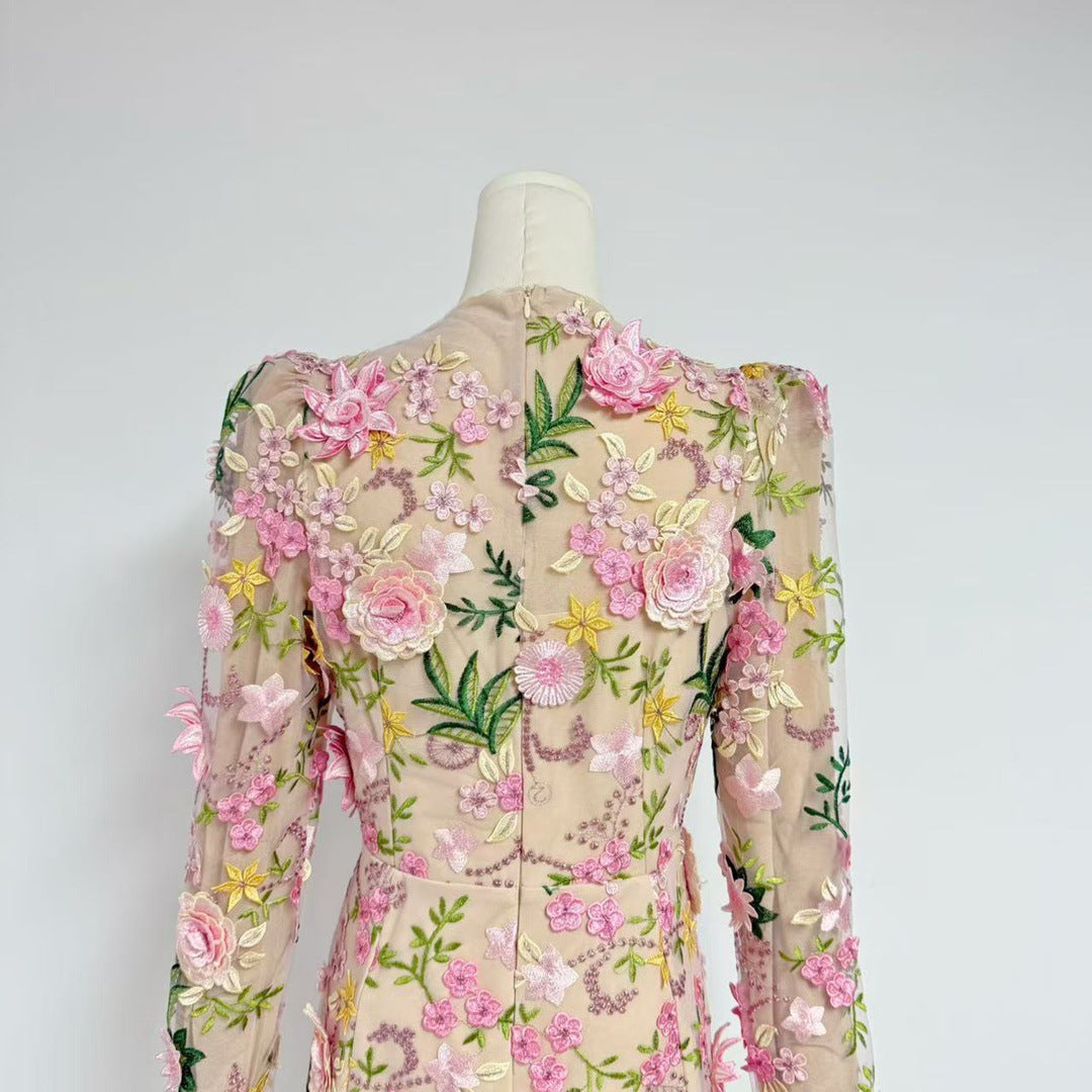 Long-sleeved Mesh Embroidered 3D Flower Dress