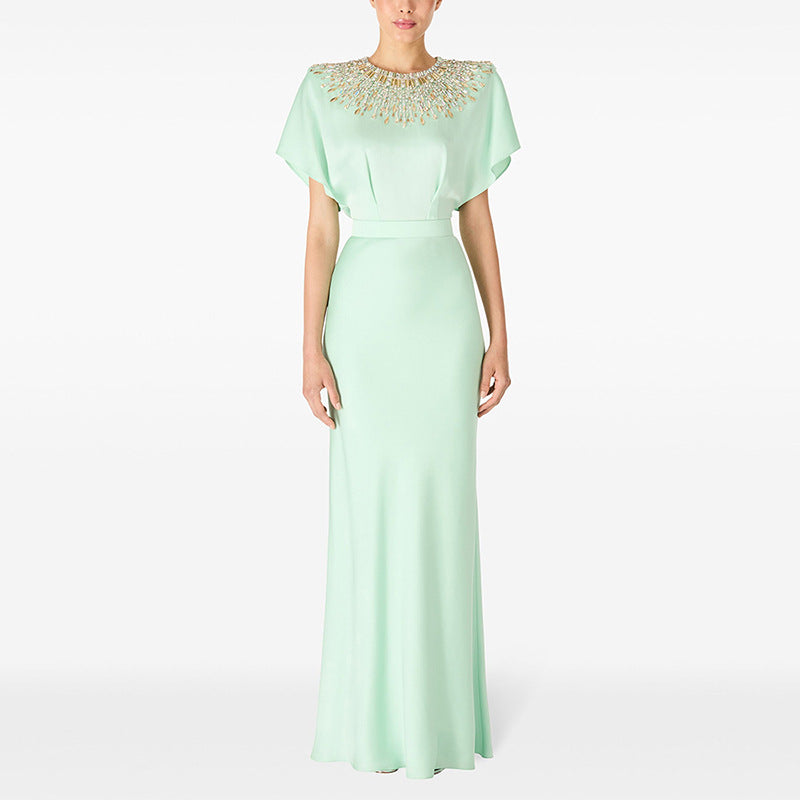 Luxury Womens Clothes Elegant Mint Green Cape Sleeve Maxi Gowns Beaded Sequin Neckline Formal Evening Outfit Party Dresses