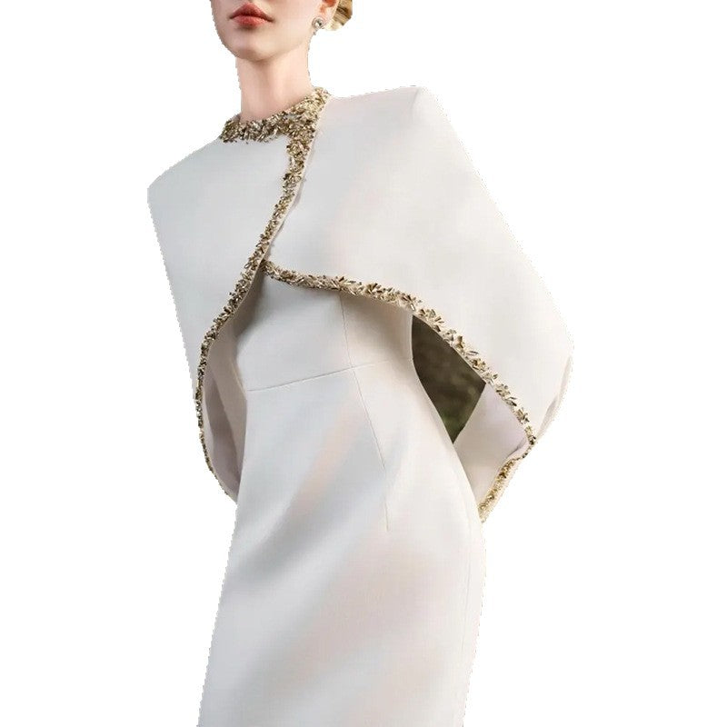 White Evening Gown With Beaded Rhinestone Capelet