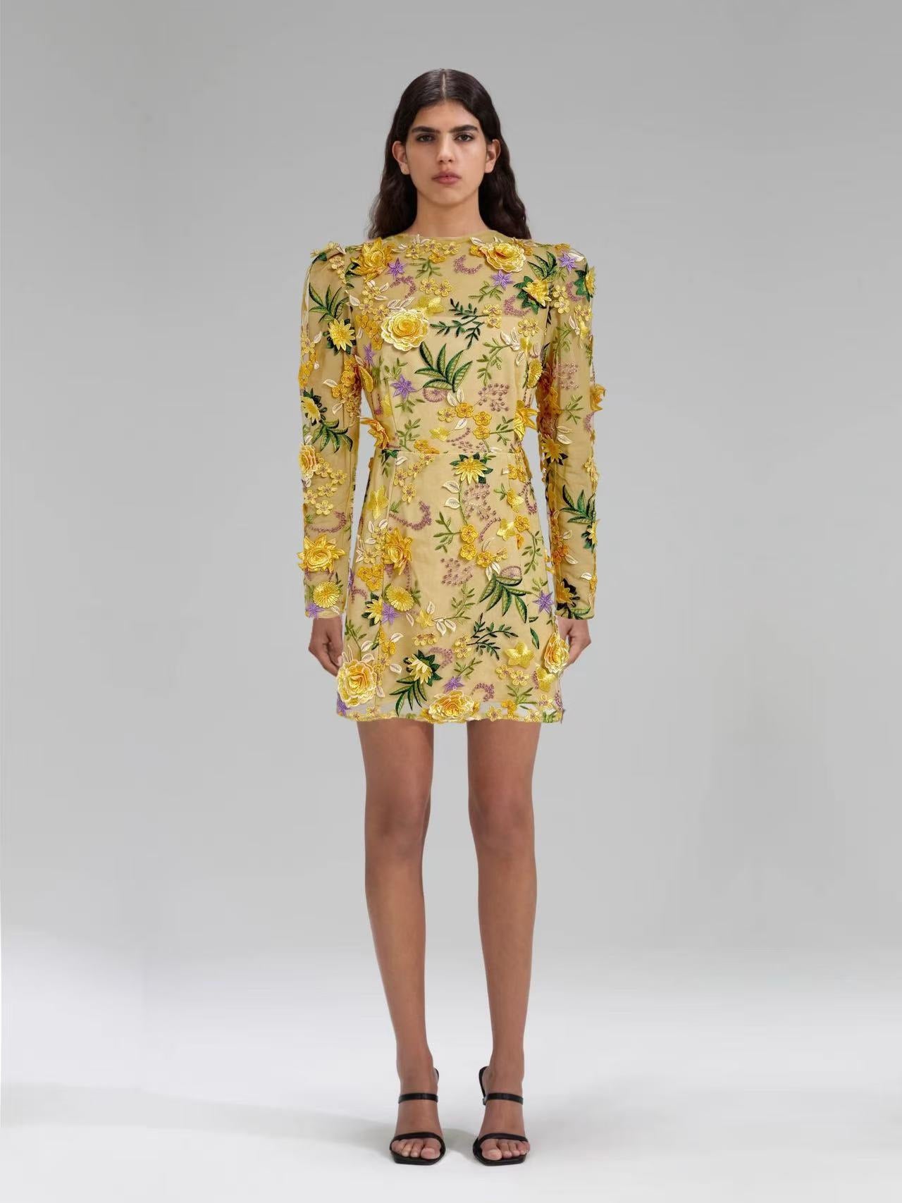 Long-sleeved Mesh Embroidered 3D Flower Dress
