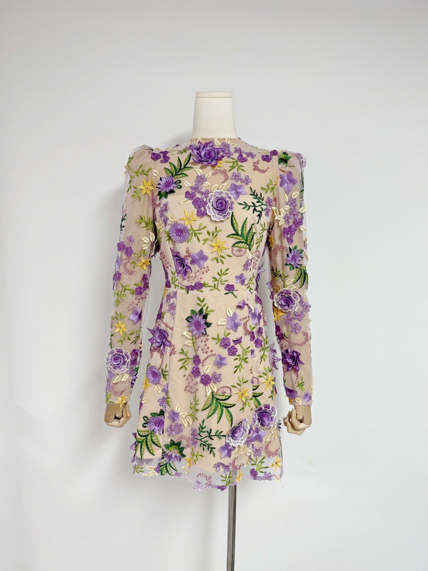 Long-sleeved Mesh Embroidered 3D Flower Dress