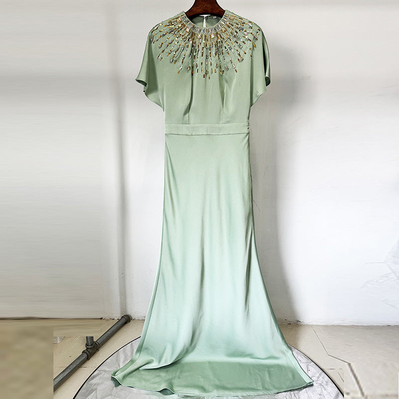 Luxury Womens Clothes Elegant Mint Green Cape Sleeve Maxi Gowns Beaded Sequin Neckline Formal Evening Outfit Party Dresses