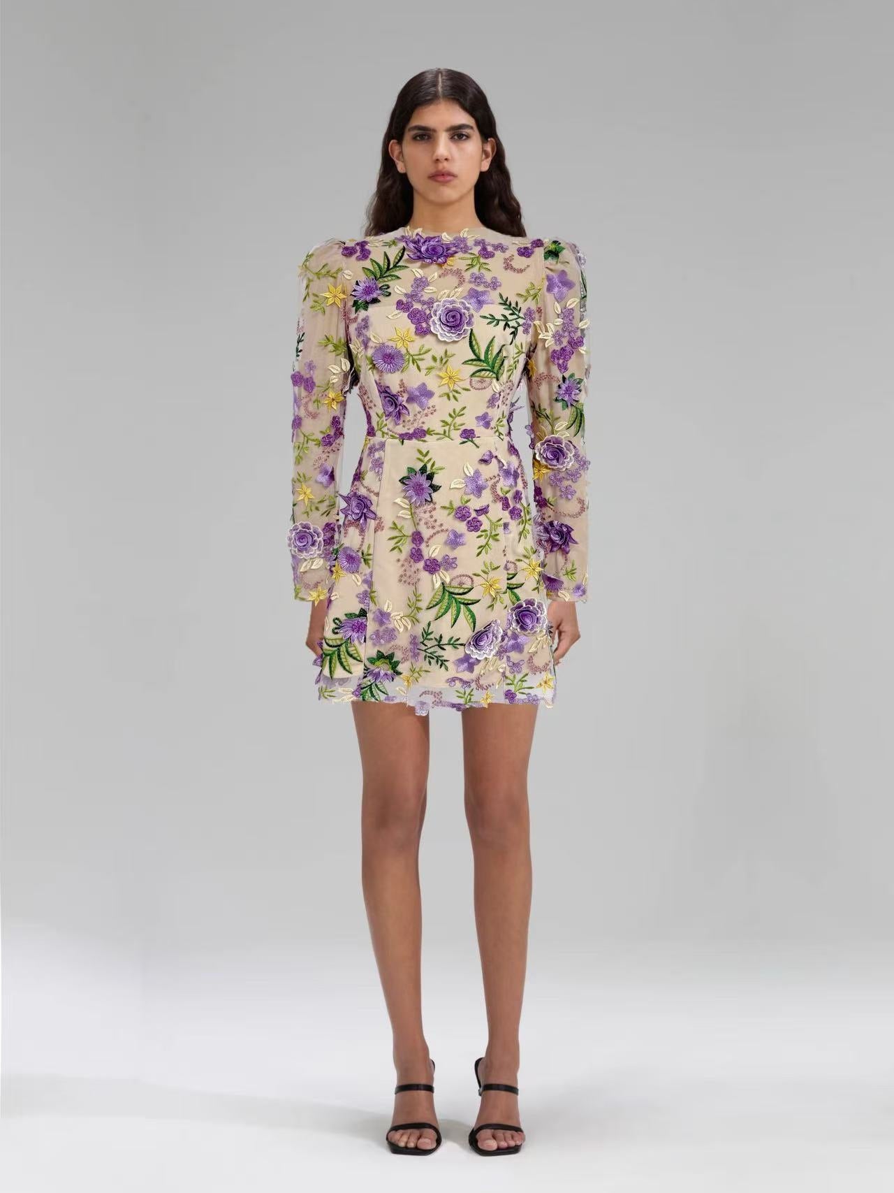 Long-sleeved Mesh Embroidered 3D Flower Dress
