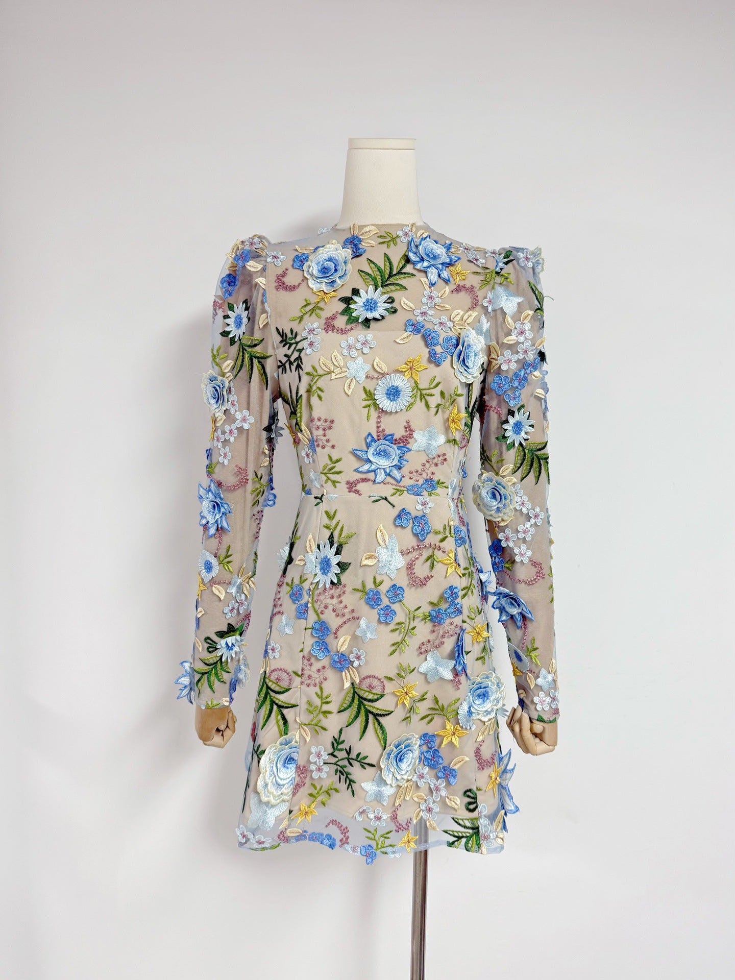 Long-sleeved Mesh Embroidered 3D Flower Dress