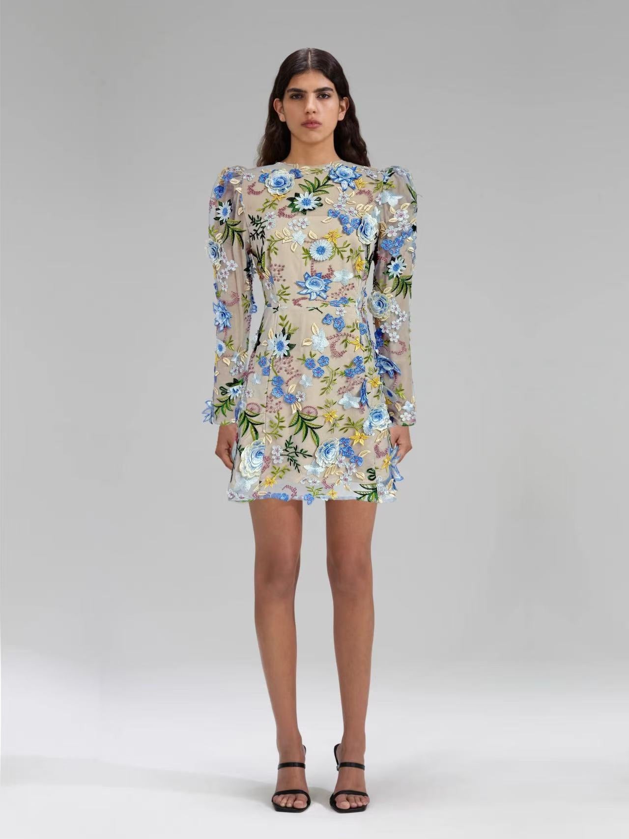 Long-sleeved Mesh Embroidered 3D Flower Dress