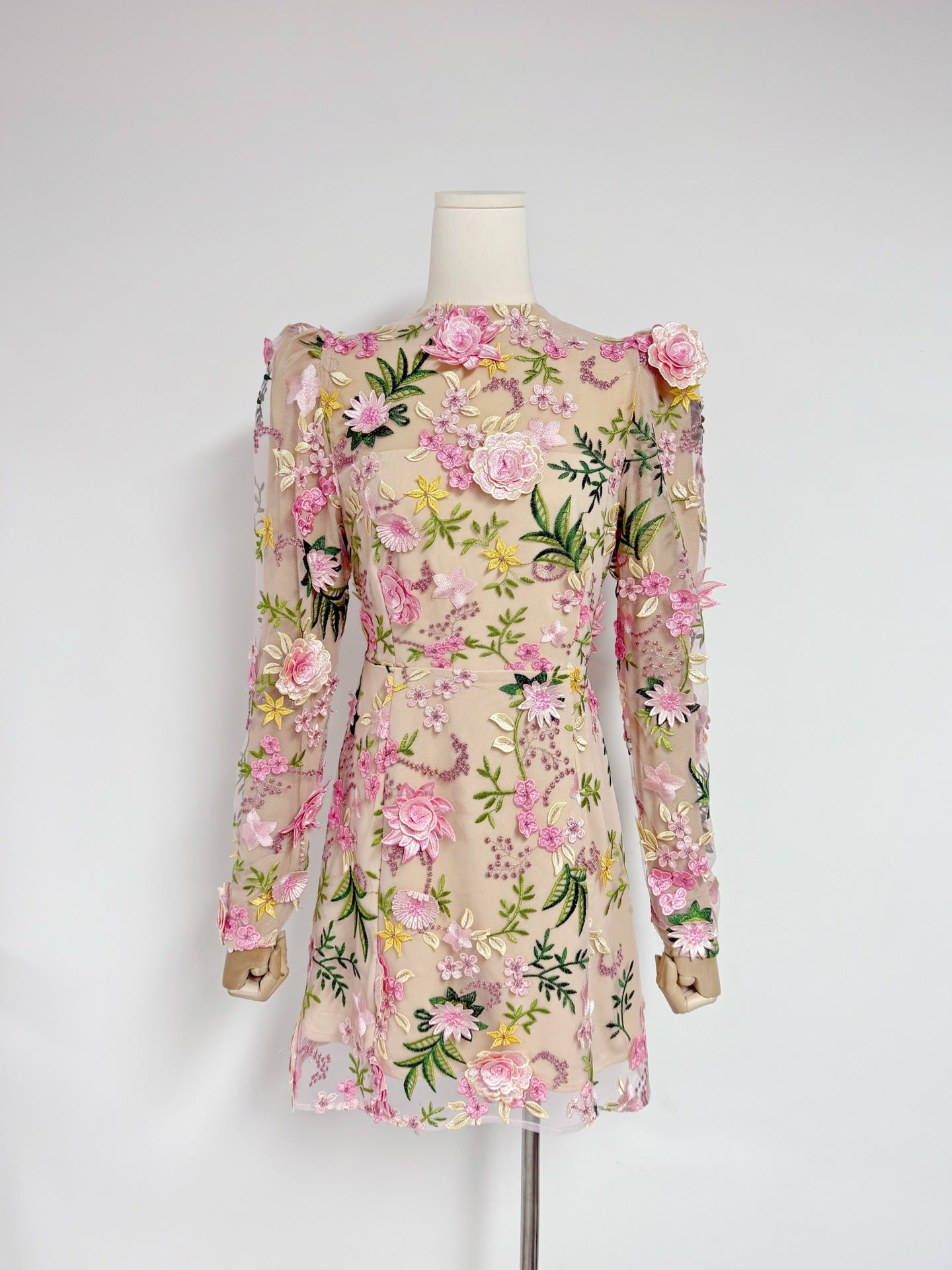 Long-sleeved Mesh Embroidered 3D Flower Dress