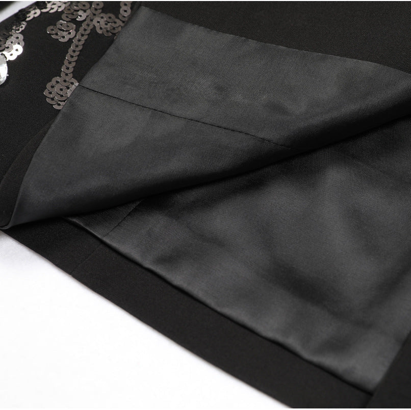 Luxury Black Sequin Pearl Rhinestone Blazer Dress