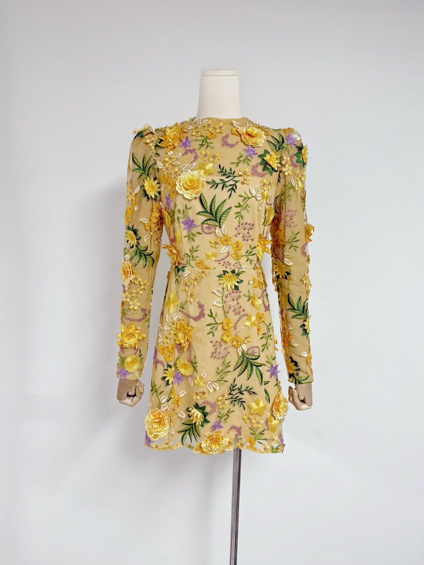 Long-sleeved Mesh Embroidered 3D Flower Dress