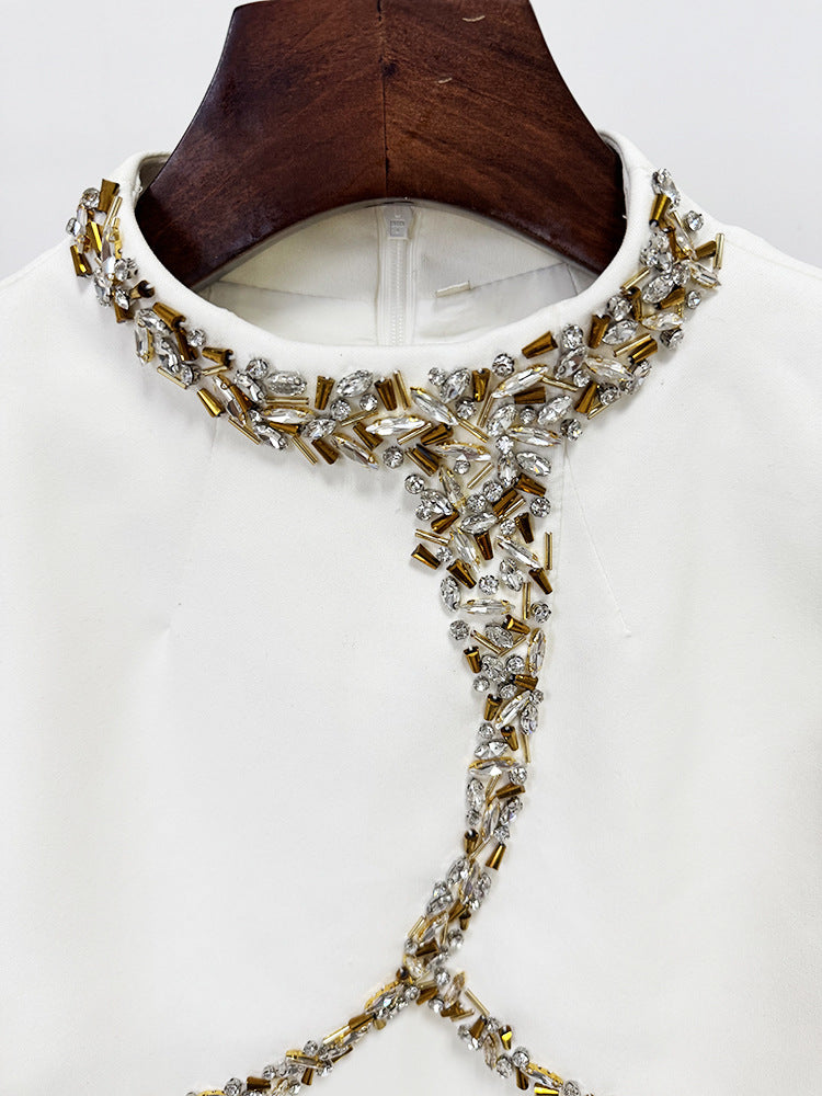 White Evening Gown With Beaded Rhinestone Capelet