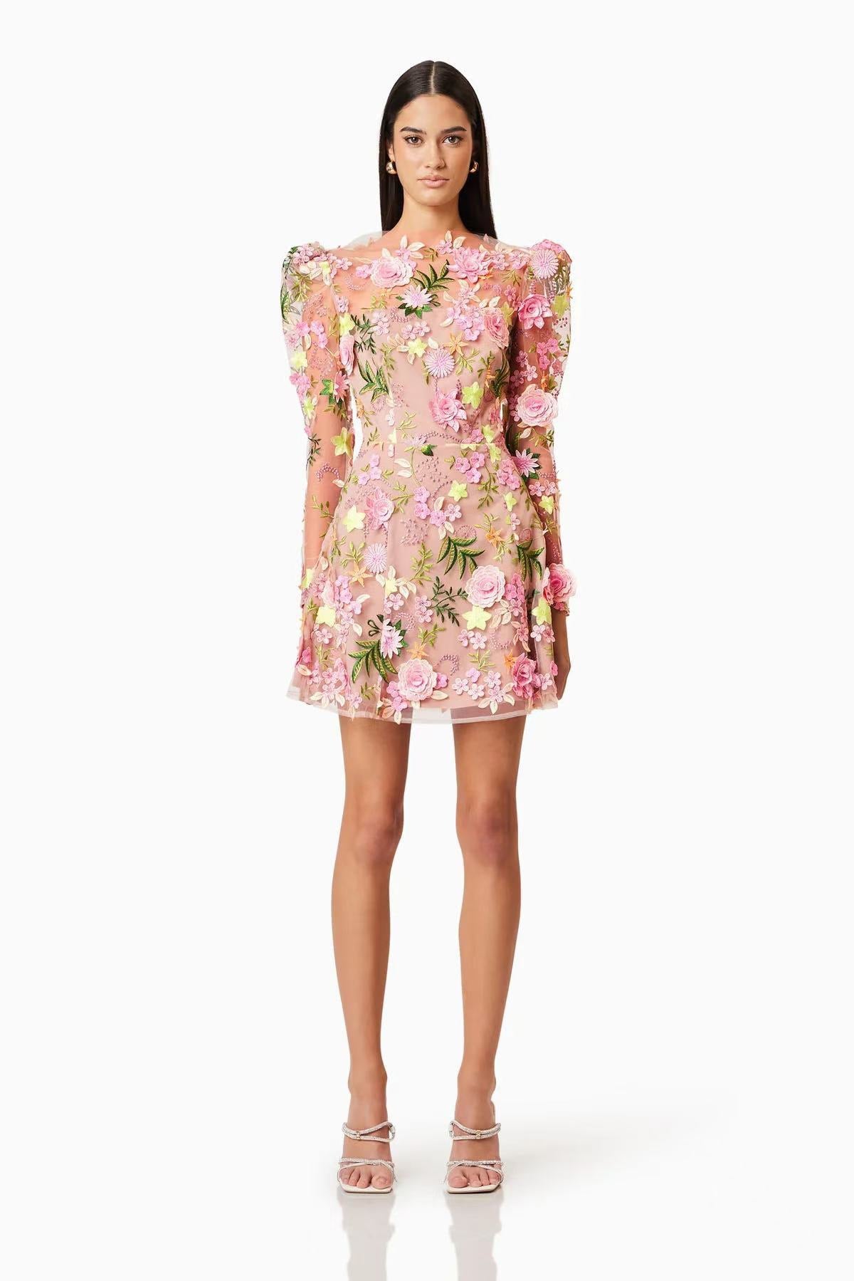 Long-sleeved Mesh Embroidered 3D Flower Dress