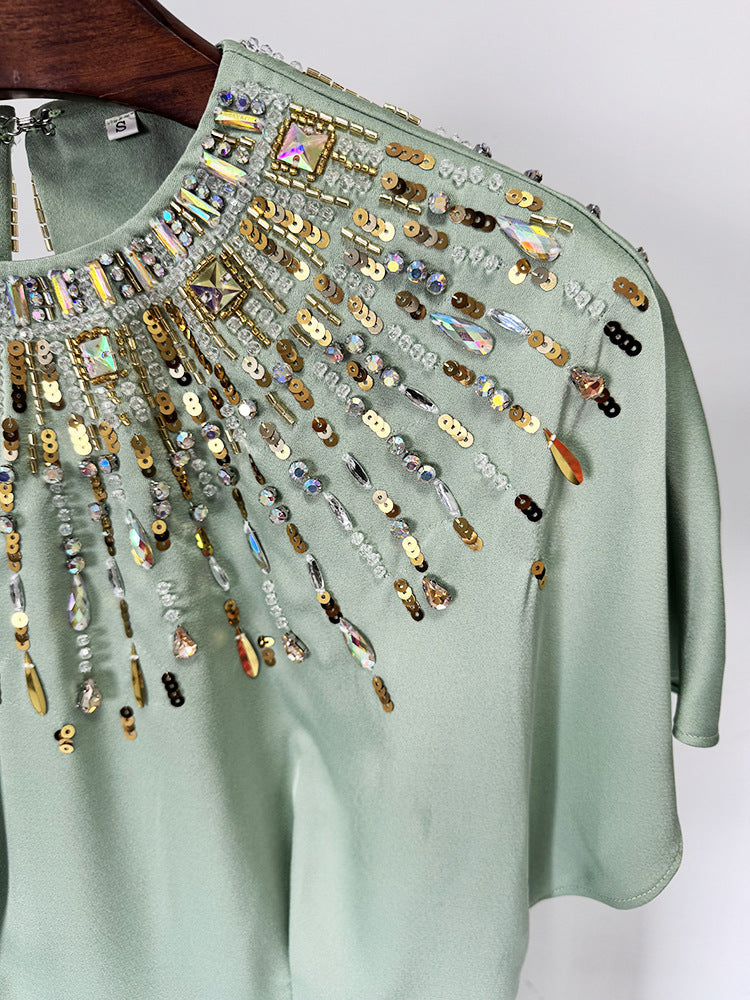 Luxury Womens Clothes Elegant Mint Green Cape Sleeve Maxi Gowns Beaded Sequin Neckline Formal Evening Outfit Party Dresses