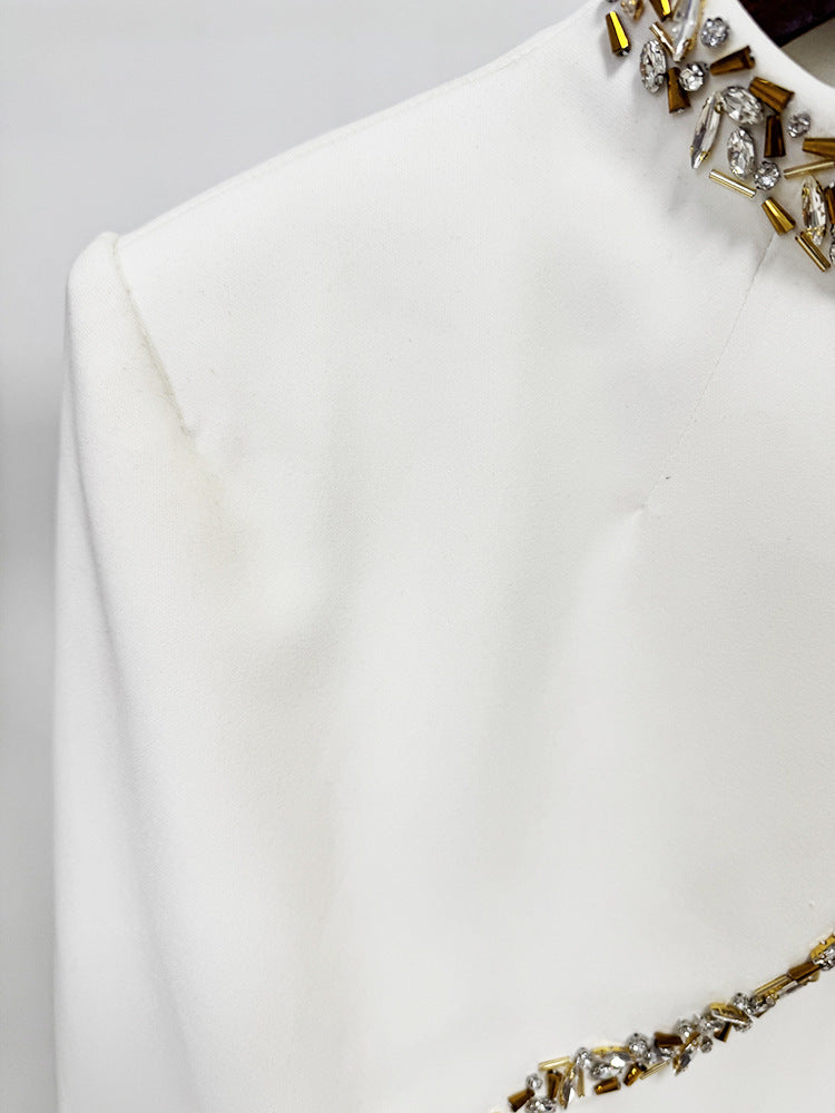 White Evening Gown With Beaded Rhinestone Capelet