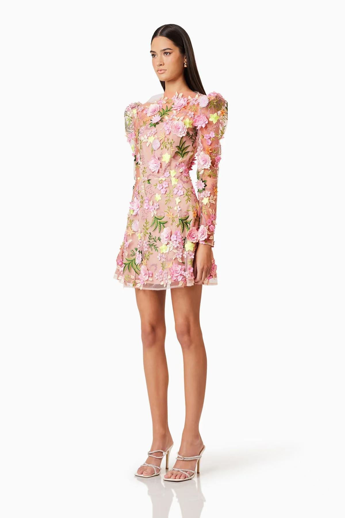 Long-sleeved Mesh Embroidered 3D Flower Dress