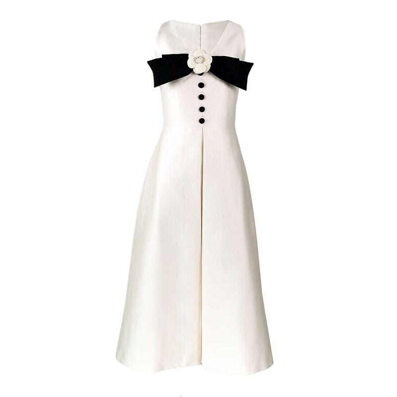 White Satin Cocktail Dress With Black Bow