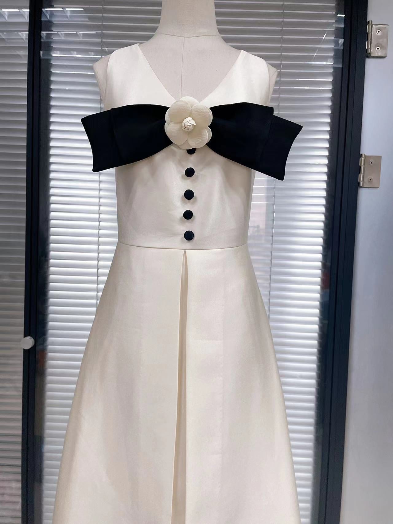 White Satin Cocktail Dress With Black Bow
