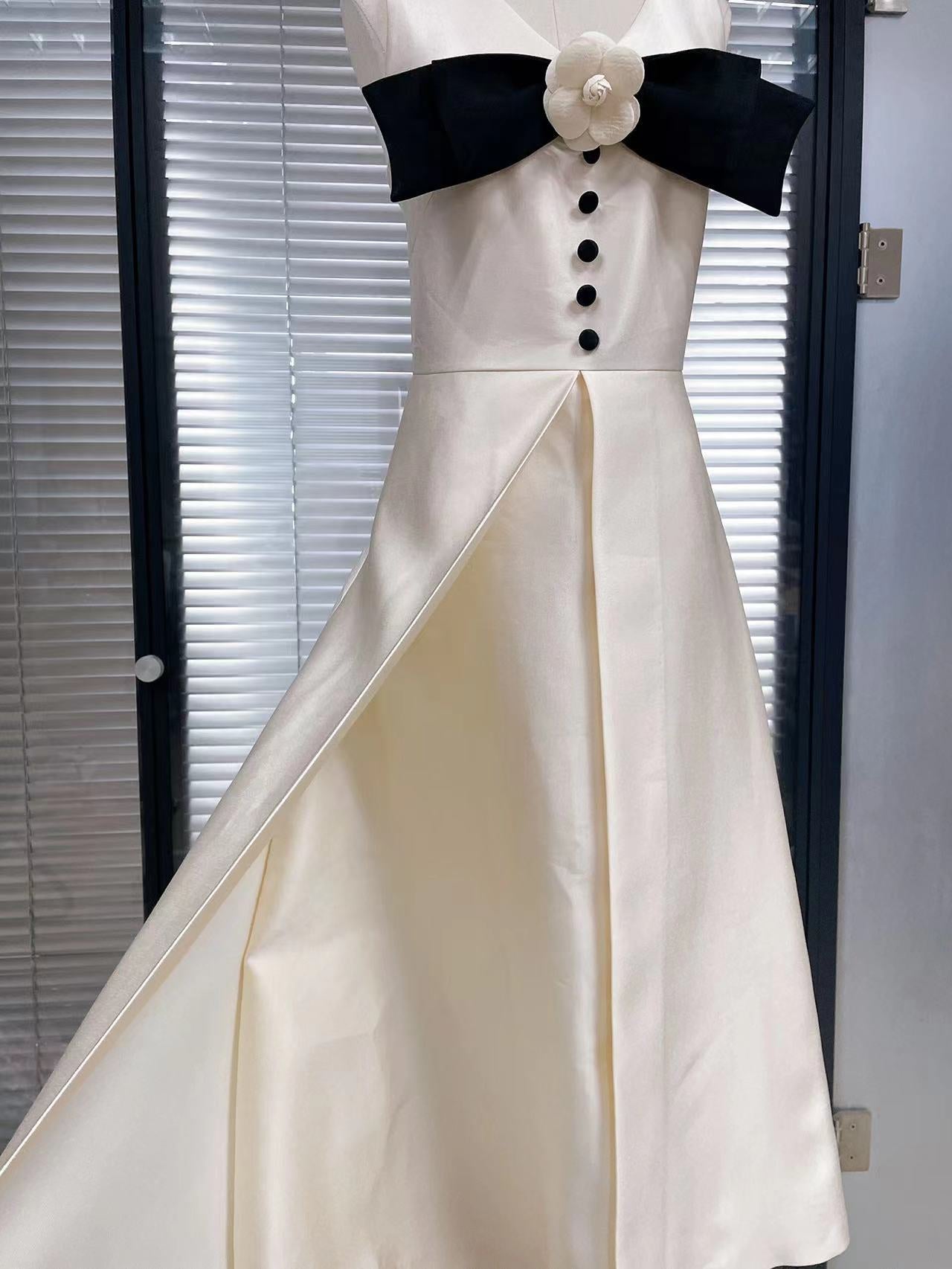 White Satin Cocktail Dress With Black Bow