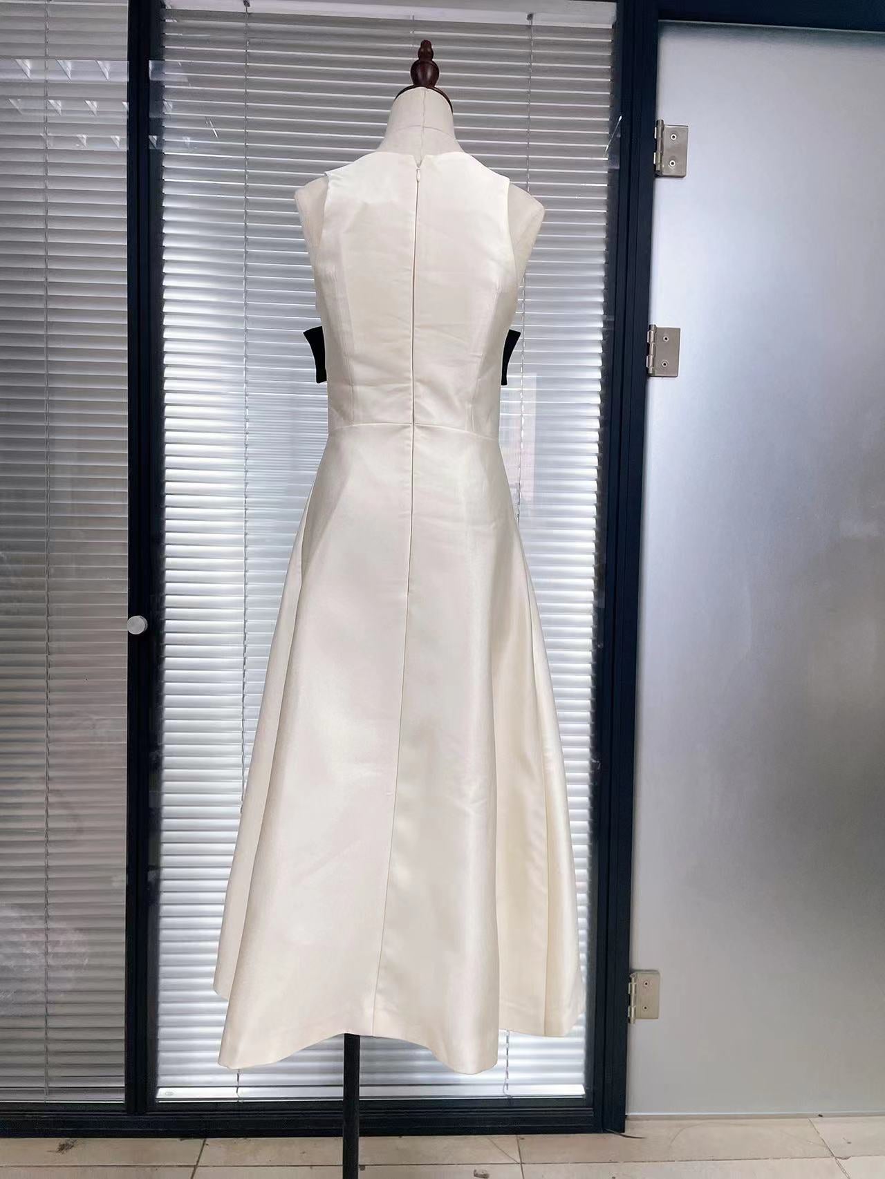 White Satin Cocktail Dress With Black Bow