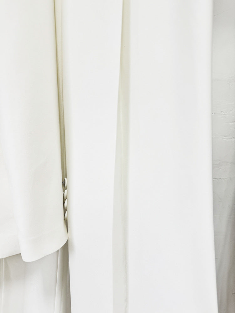 White Long Sleeve Beaded Gold Trim Blazer Wide Leg Pant Two Piece Set Suits