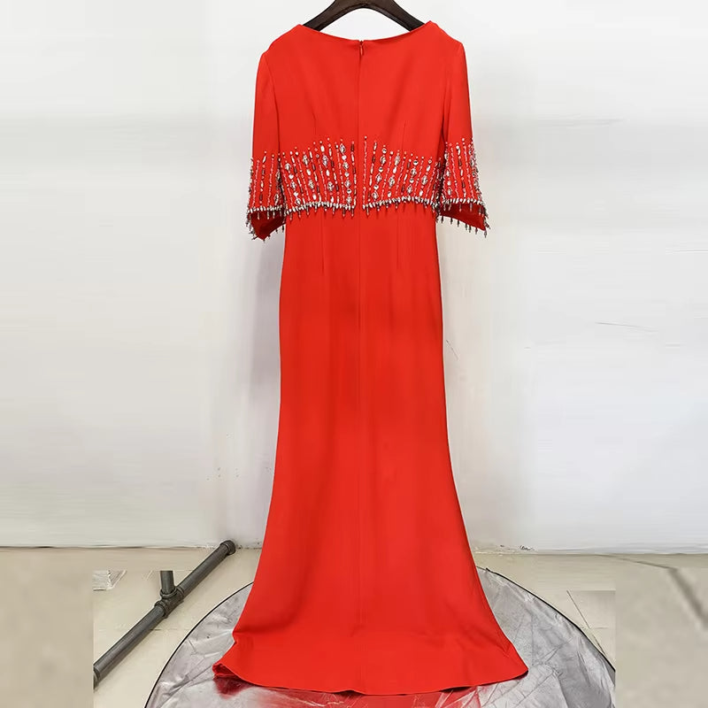 Beaded Diamond Mid-length Sleeve Elegant Dress Long Formal Gown Floor Length Evening Dresses