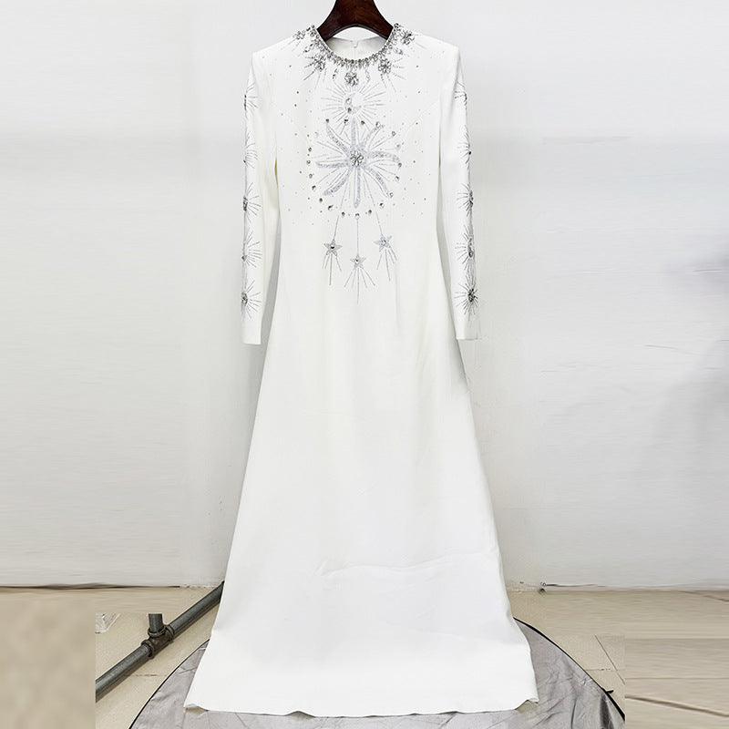 Wholesale Elegant White Long Sleeve Formal Dress Luxury Diamond Rhinestone Beaded Evening Dresses Maxi Party Gown