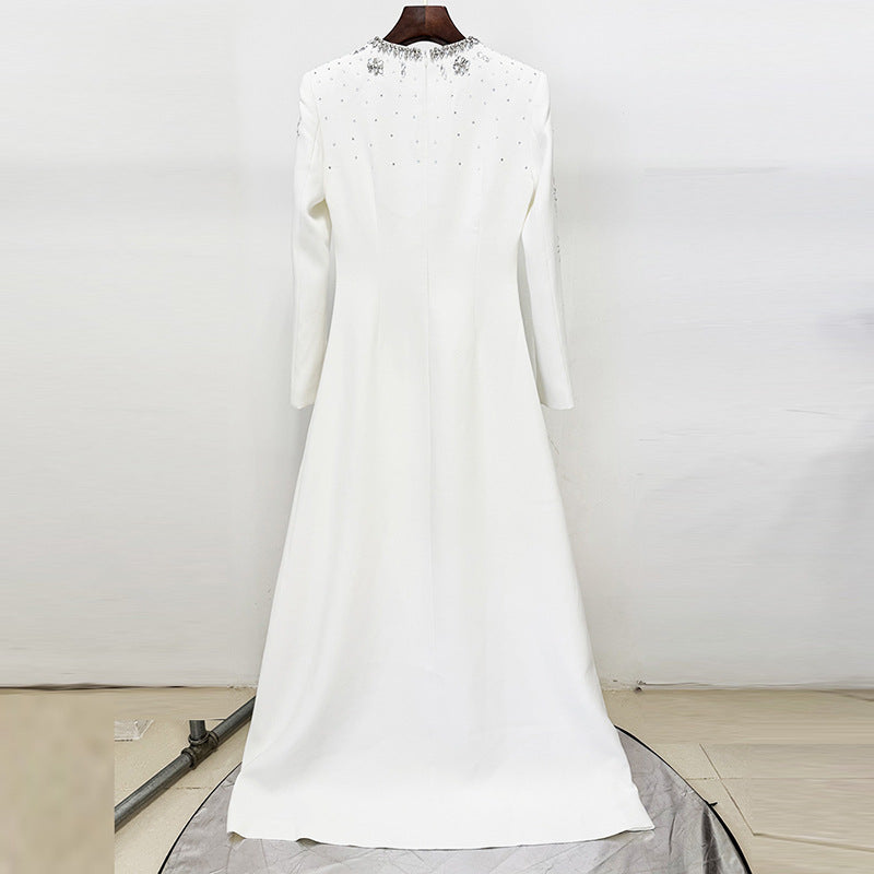 Wholesale Elegant White Long Sleeve Formal Dress Luxury Diamond Rhinestone Beaded Evening Dresses Maxi Party Gown