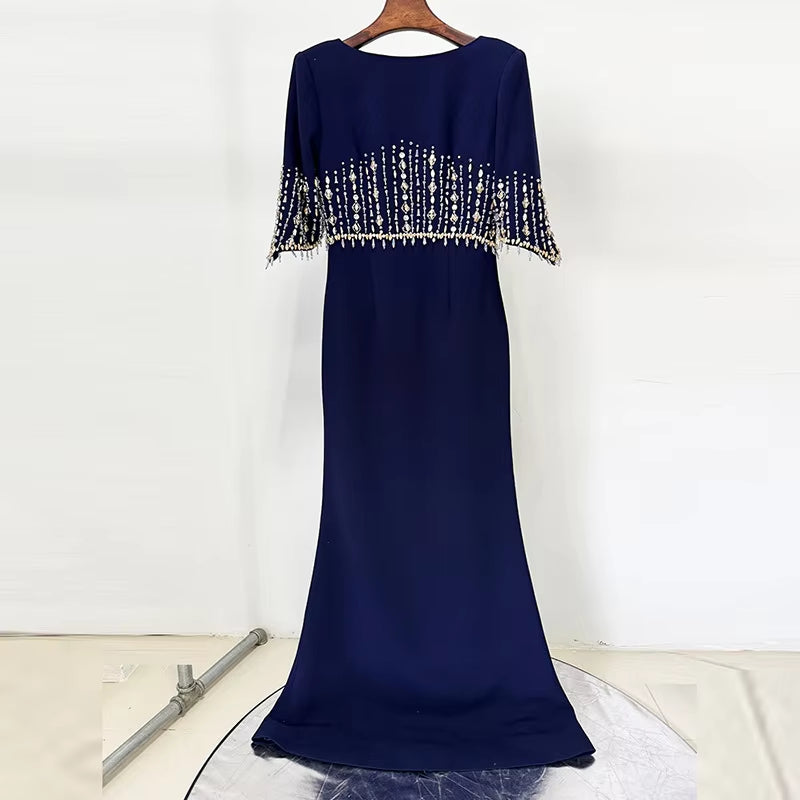 Beaded Diamond Mid-length Sleeve Elegant Dress Long Formal Gown Floor Length Evening Dresses