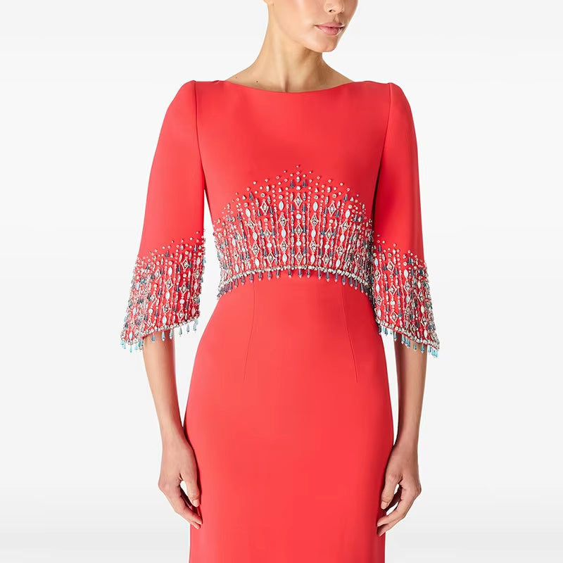 Beaded Diamond Mid-length Sleeve Elegant Dress Long Formal Gown Floor Length Evening Dresses