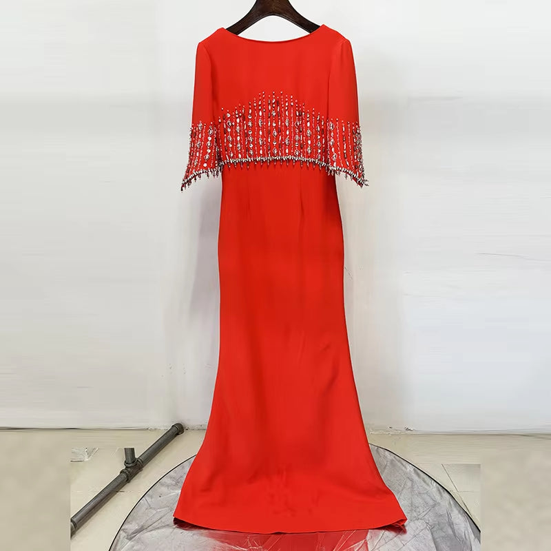 Beaded Diamond Mid-length Sleeve Elegant Dress Long Formal Gown Floor Length Evening Dresses