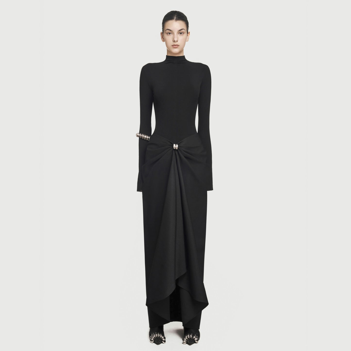 Contrast Color High Neck Pleated Dress