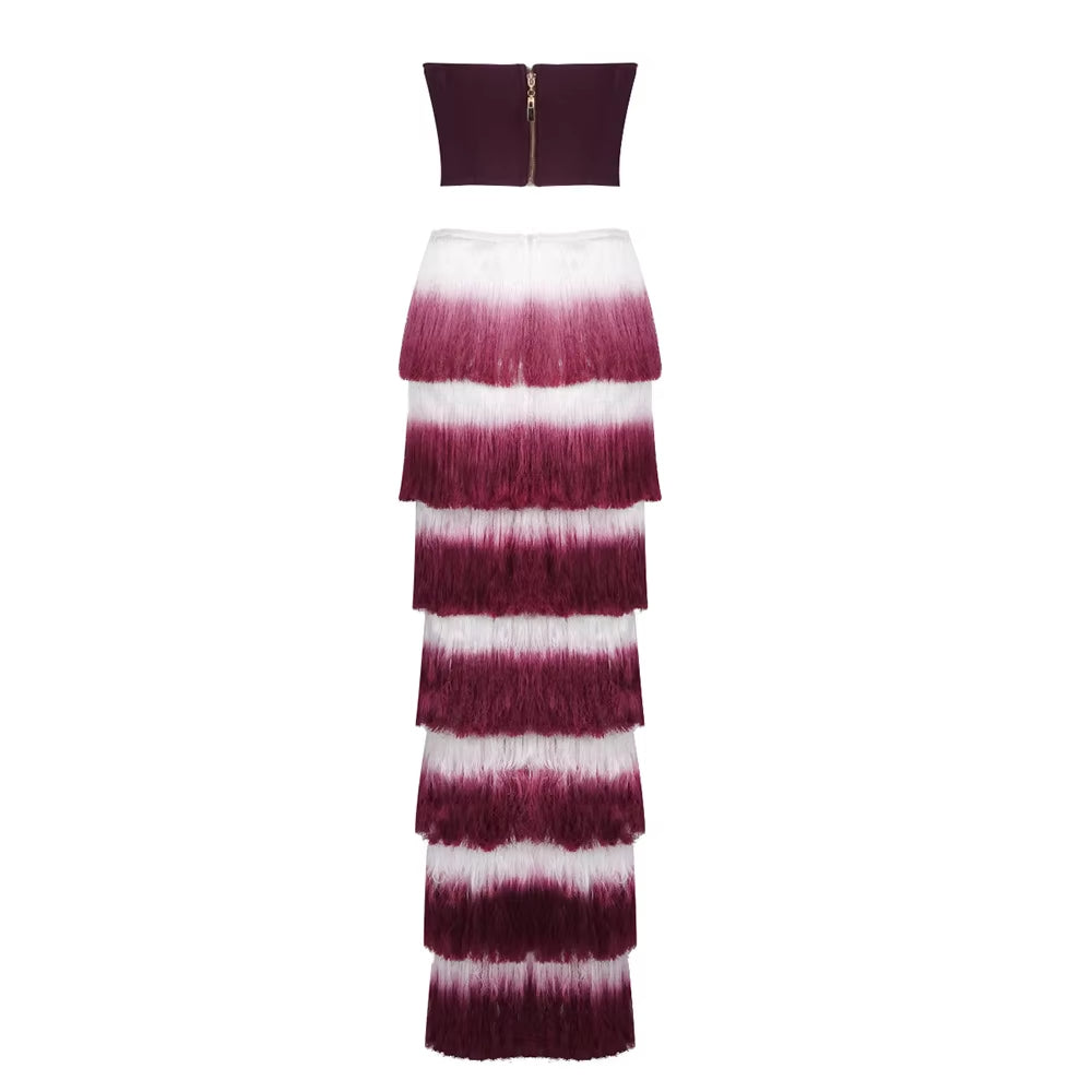Elegant Summer Sets Wine Red Corset Top Gradient Fringe Evening Dress Two Piece Set